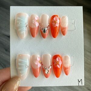 Handmade Coral & Cream Floral Press-On Nails